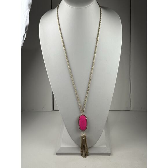 Kendra Scott Rayne Tassel Necklace 30" Gold Tone Chain Neon Pink Pendant - Picture 10 of 10